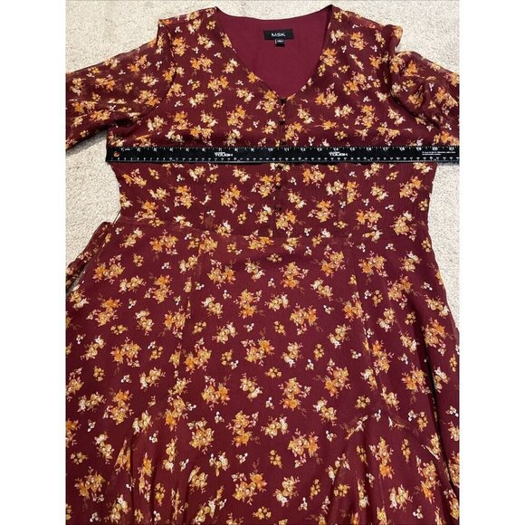 MSK Fit and Flare Dress Womens L Ruby Wine Sheer Micro Floral Fairy Whimsical - Picture 10 of 15